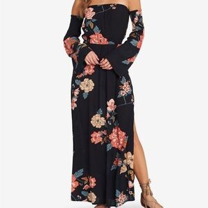 Billabong Black Floral Off Shoulder Sexy Long Sleeve Dress NWOT Med